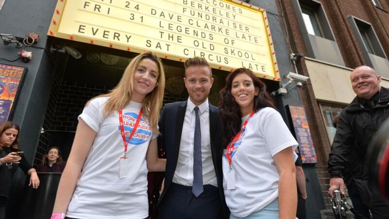 Nicky Byrne with Kate Tunney and Chloe Smith, close friends of those killed and injured in the Berkeley tragedy, at a fundraising concert in aid of the families at the Academy. Photograph: Alan Betson/The Irish Times