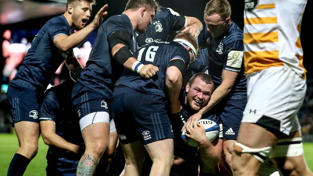 Jack McGrath celebrates scoring Leinster’s eighth try with team-mates during the Heineken Champions Cup match against Wasps at the RDS. Photograph: Dan Sheridan/Inpho