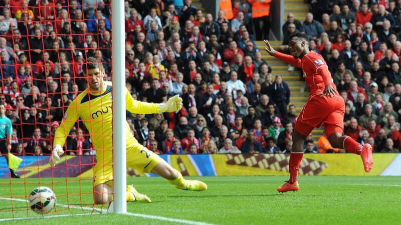 Liverpool’s Daniel Sturridge scores the winner against Southampton at Anfield. Photograph: Peter Powell / EPA