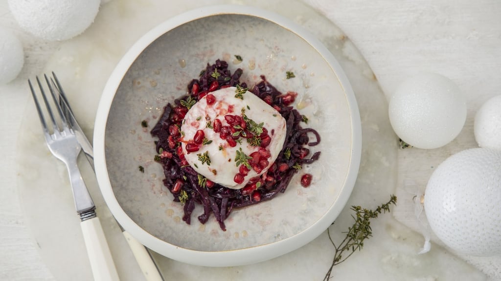 Burrata, sticky red cabbage, pomegranate and orange.  Photograph: Harry Weir