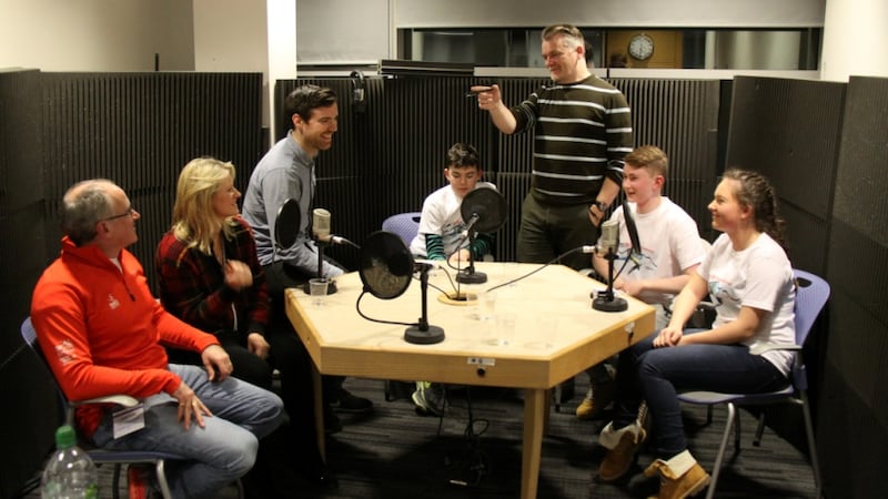 Taking the challenge: (Left to right) James McCormack, Tanya Sullivan, Brian Byrne, Jay browne, Gary Quinn, Matthew McCormack and Rebecca Power in The Irish Times studio