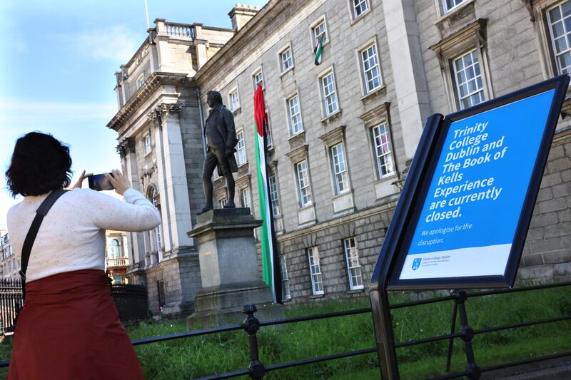 The grounds of Trinity College Dublin were closed during the week as students protested against the war in Gaza. Photograph: Dara Mac Dónaill