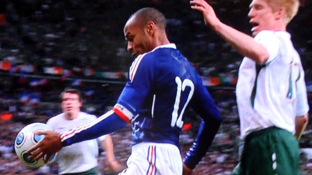 A videograb of Thierry Henry’s handball that led to William Gallas’s goal during the World Cup playoff, second leg against the Republic of Ireland   at the Stade de France in November 2009. Photograph: Sky Sports