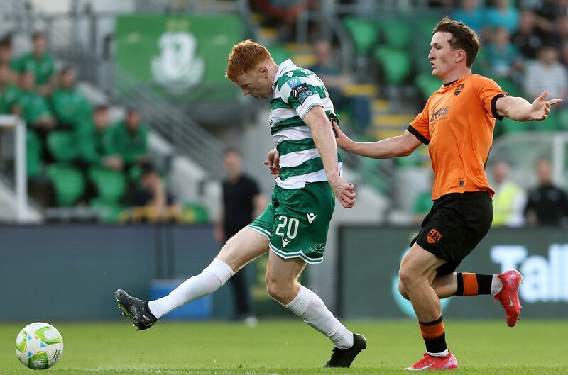 Shamrock Rovers' Rory Gaffney scores his sides fourth goal. Photograph: Bryan Keane/Inpho