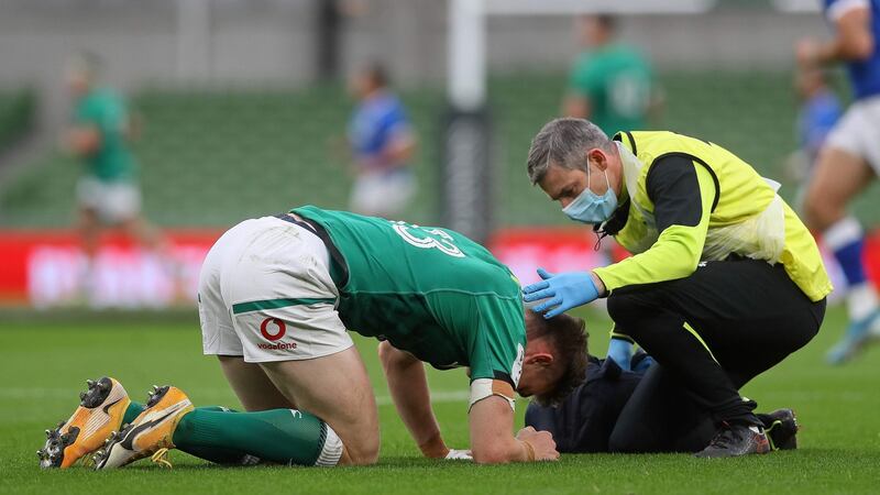 Garry Ringrose went off for a HIA in the second half. Photo: Brian Lawless/AFP via Getty Images