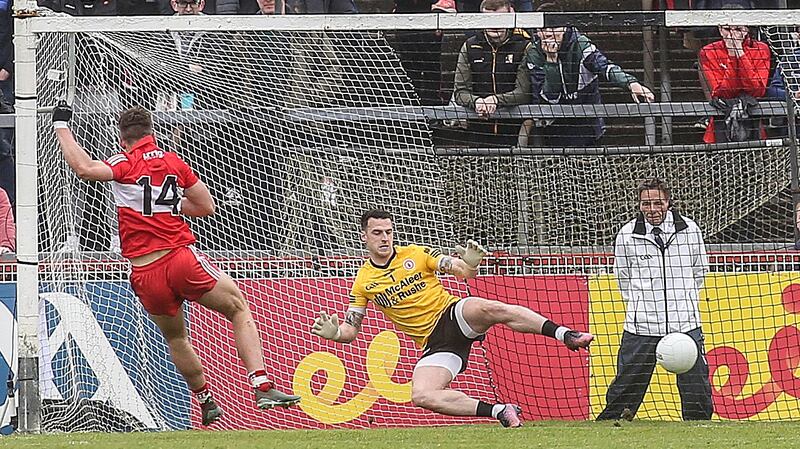 Ill-discipline was an issue throughout the clash for Derry, particularly for  Shane McGuigan’s penalty.  Photograph: Lorcan Doherty/Inpho