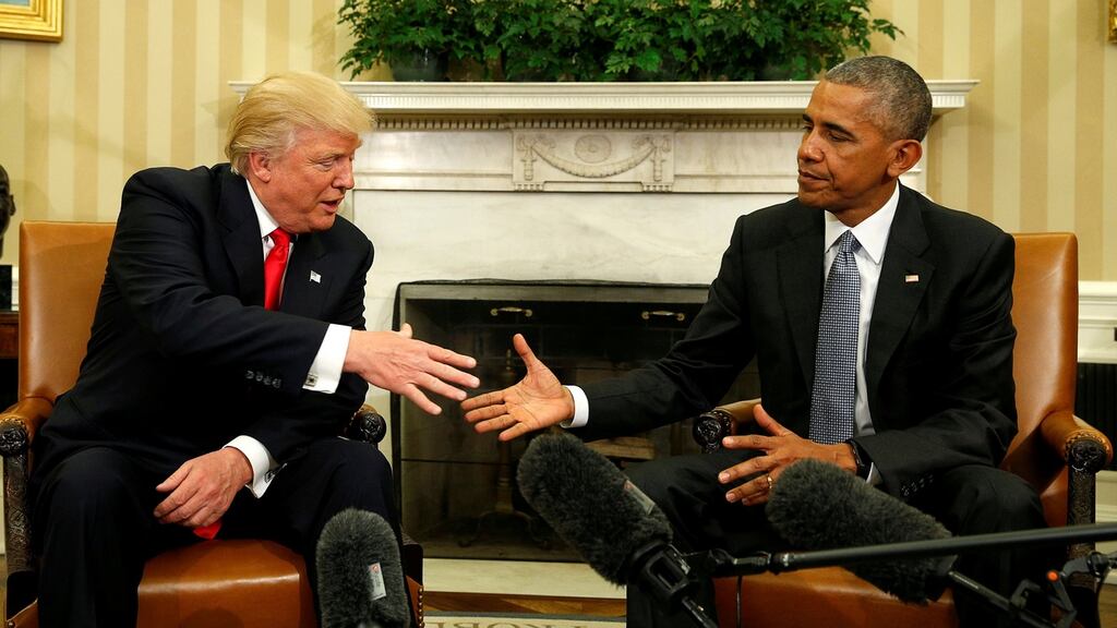 Handover: President Barack Obama meets President-elect Donald Trump in the White House in November. Photograph: Kevin Lamarque/Reuters
