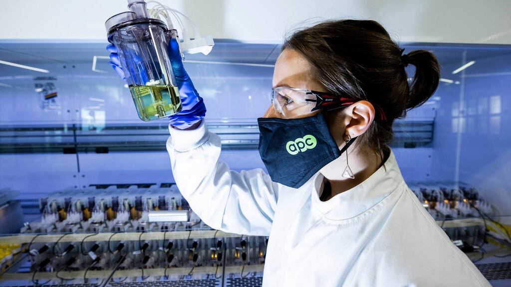 Process development engineer Becca Dunne at APC, the pharmaceutical research and development company that announced a €25 million investment on Thursday to enable the rapid research and manufacture of vaccines. Photograph: Andres Poveda