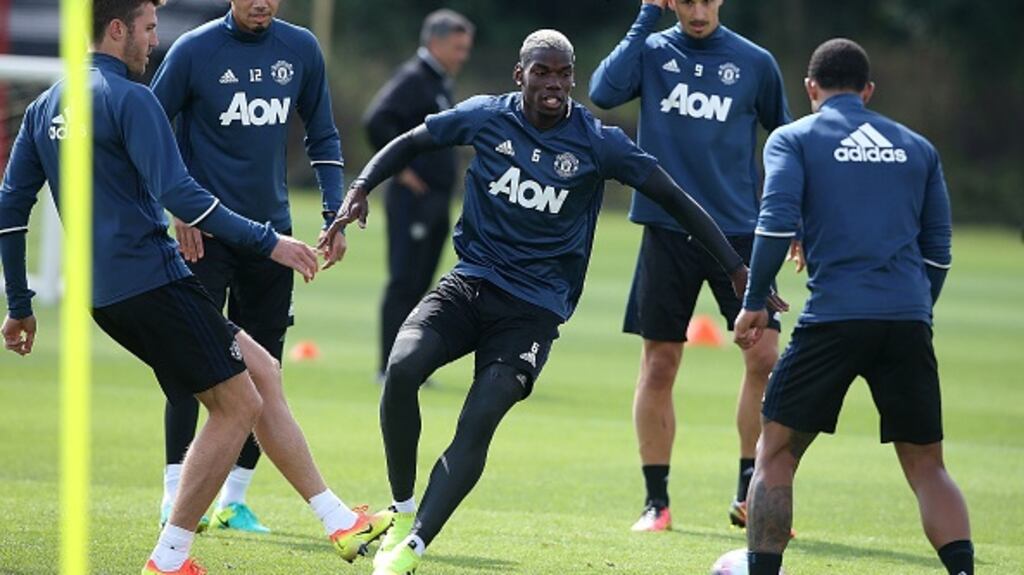Paul Pogba in training with Manchester United. He is expected to make his Old Trafford return against Southampton on Friday night. Photograph: Getty