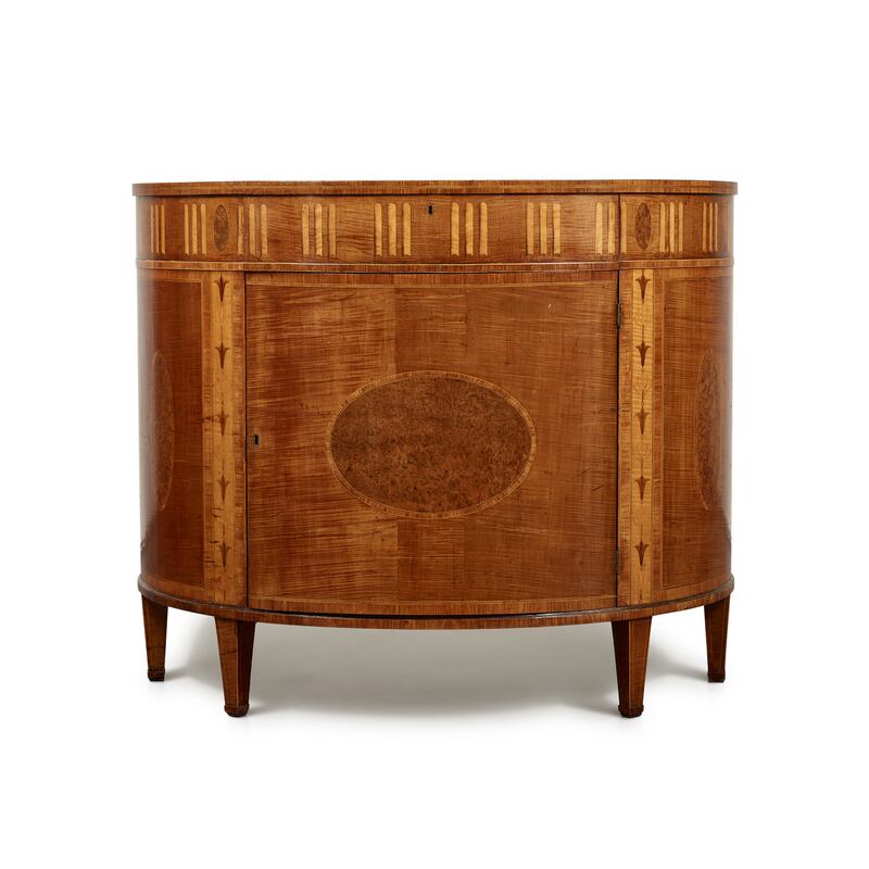 Irish George III hare wood and tulipwood marquetry demi-lune commode, $50,000-$80,000, Sotheby's