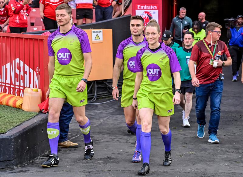 Referee Hollie Davidson and assisant referees walking out for the Lions against Connacht match iin Johannesburg, South Africa, on April 26th, 2025. Photograph: Steve Haag/Inpho Sports