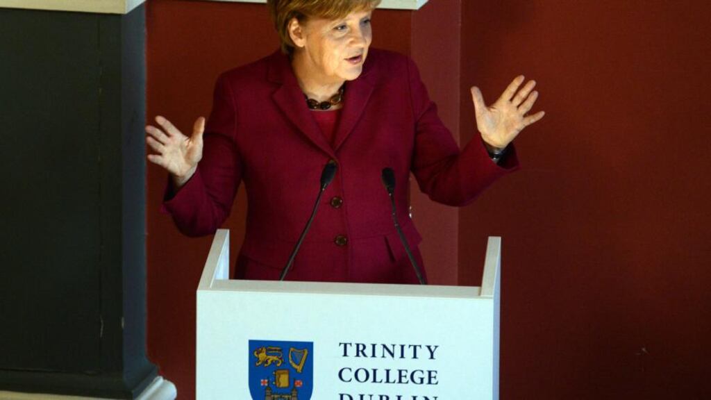 Angela Merkel at Trinity College yesterday, where she met and spoke to Philosophical Society members. Photograph: Cyril Byrne / The Irish Times