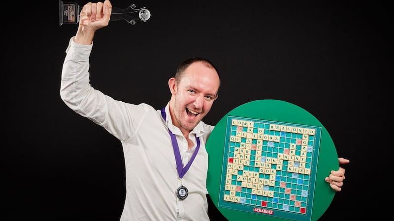 Brett Smitheram, from Chingford in east London, the winner of the 2016 World Scrabble Championship Final at Grand Palais, Lille, France. Photograph: Michael Bowles/Deft Productions/PA Wire