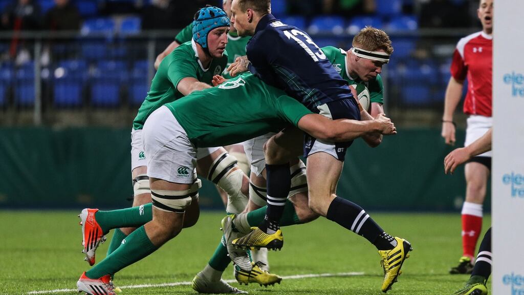 Ireland’s Cillian Gallagher drives for the line during the Under-20 Six Nations match against Scotland at Donnybrook. Photograph: Gary Carr/Inpho