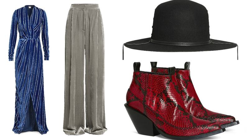 Wrap dress with silver pinstripes (€99), high-waisted, wide leg trousers (€59.99) Gaucho hats (€79.99) and cowboy boots in snake print leather (€149.00)
