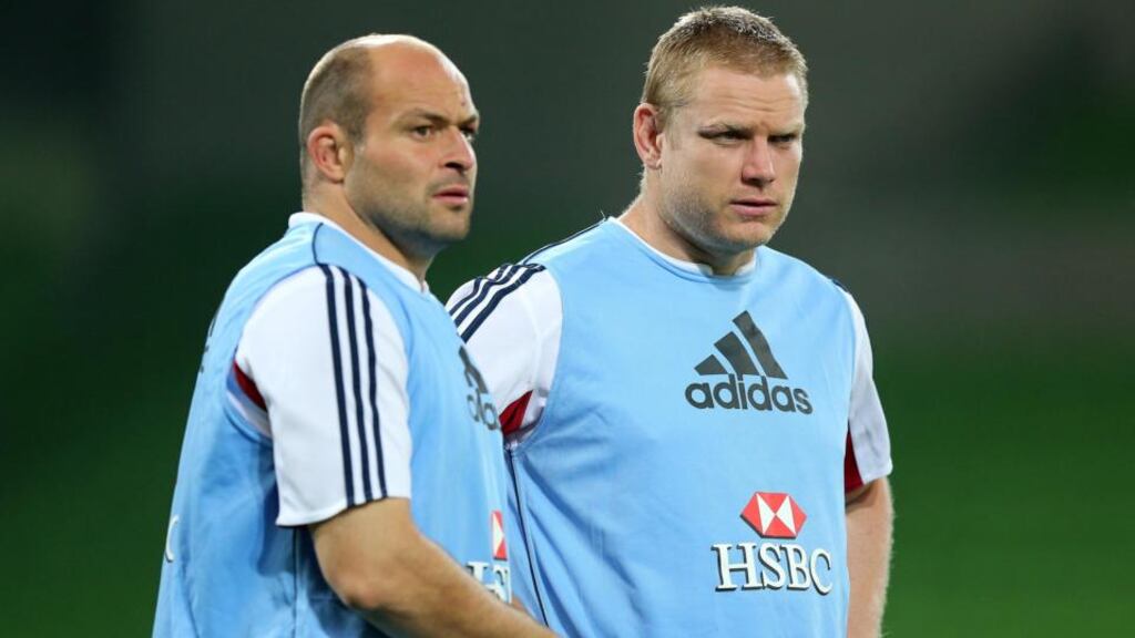 Rory Best (left) and Tom Court of the British and Irish Lions during the captain’s run at AAMI Park, Melbourne, scene of Saturday’s second Test against Australia. Photograph: Dan Sheridan/Inpho