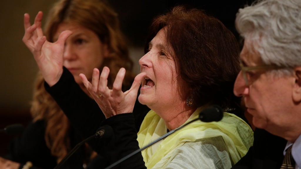 Paola, the mother of Giulio Regeni, with lawyer Alessandra Ballerini and senator Luigi Manconi, at the Italian Senate, in Rome. Photograph: Gregorio Borgia/AP Photo