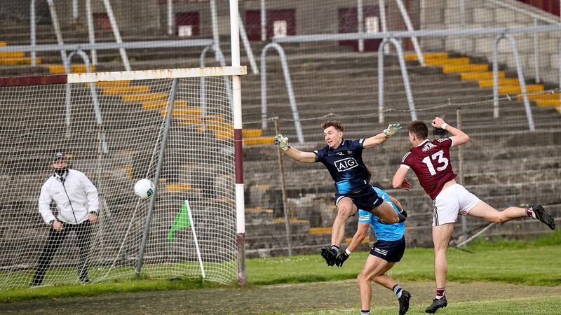 Galway’s Matthew Tierney scores a goal during the Allianz Football League Division 1 South game against Dublin at St Jarlath’s Park in Tuam. Photograph: Tommy Dickson/Inpho
