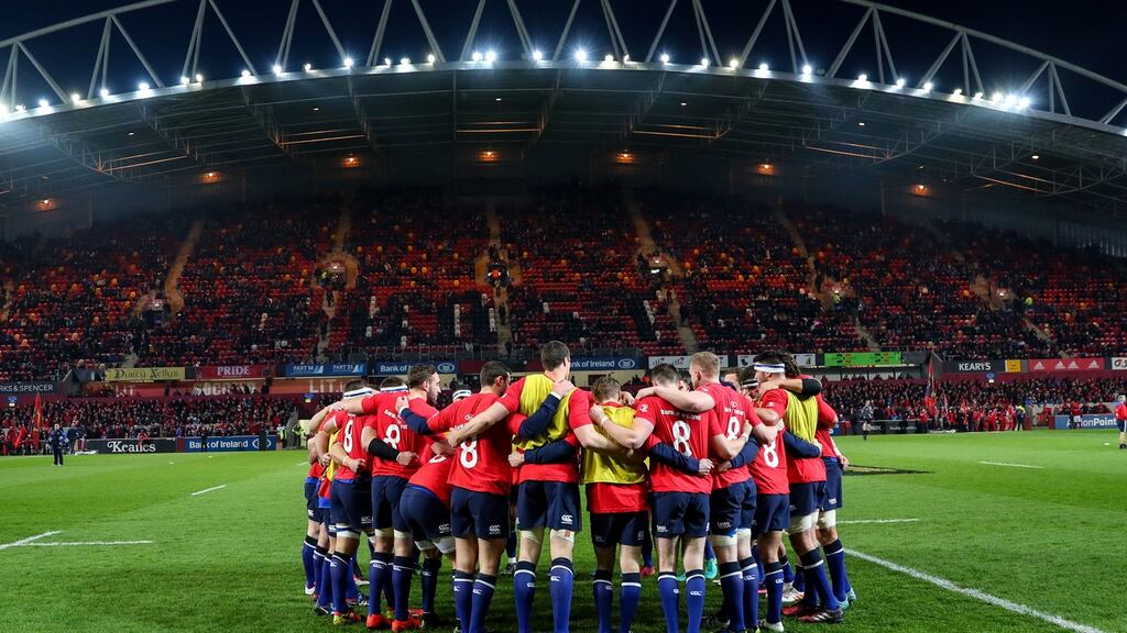 Leinster players wearing red No 8 shirts in memory of former Munster player and coach Anthony Foley ahead of the Guinness Pro 12 game at Thomond Park. Photograph: James Crombie/Inpho
