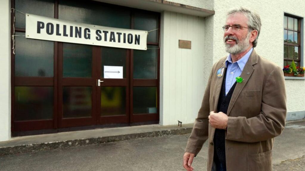 Sinn Féin president Gerry Adams leaves the polling station after casting his vote in the European parliament elections at Dulargy national school, near the the town of Dundalk, yesterday. Photograph: Cathal McNaughton/Reuters