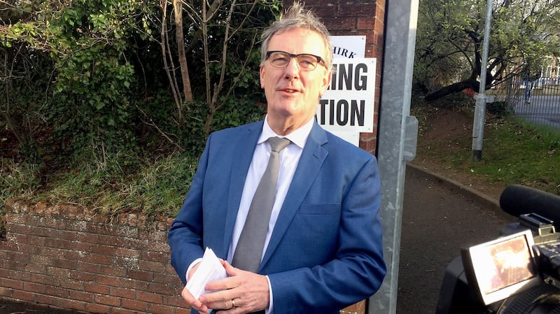 UUP leader Mike Nesbitt arrives at Gilnahirk primary school in Belfast. Photograph: David Young/PA Wire.