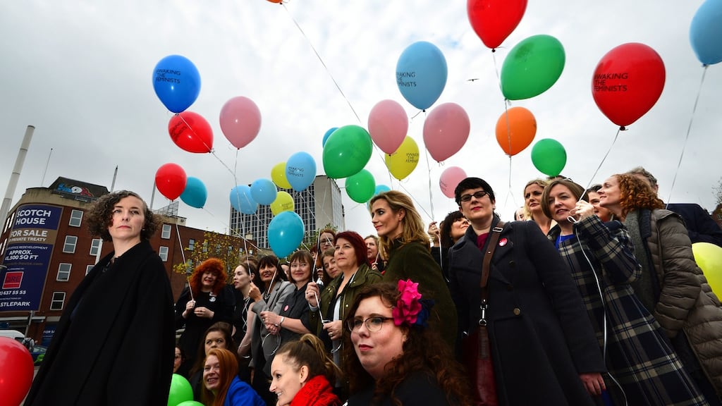 WakingTheFeminists campaigners on Dublin’s  Rosie Hackett Bridge. “Yet again, I’m grateful to people who are younger than me for teaching me, and pointing out when something wasn’t good enough.” File photograph: Dara Mac Donaill