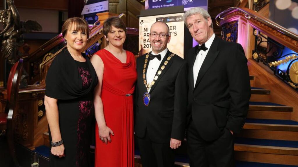 At the NI Chamber of Commerce and Industry president’s banquet were Ann McGregor, chief executive of NI Chamber; Enterprise Minister Arlene Foster; Kevin Kingston, president and broadcaster Jeremy Paxman. Photograph: Kelvin Boyes/Press Eye.