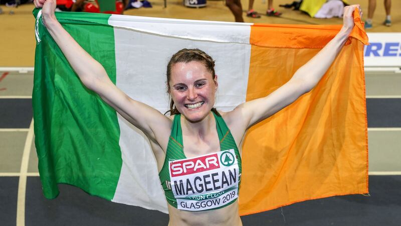Ciara Mageean celebrates winning a bronze medal at the 1500m final at the 2019 European Athletics Indoor Championships in Glasgow. Photograph: Morgan Treacy/INPHO