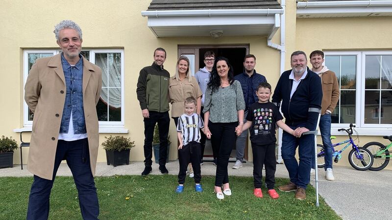 Baz Ashmawy with the Alyward family in DIY SOS: The Big Build Ireland