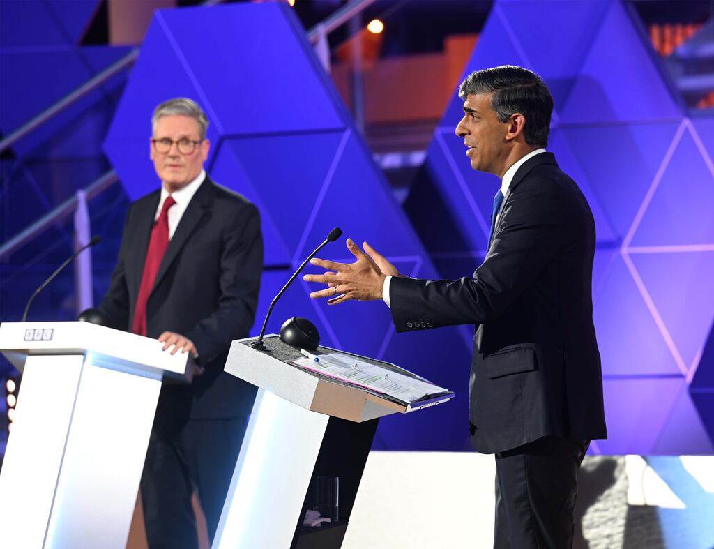 The second and final debate between UK prime minister Rishi Sunak, right, and Labour leader Keir Starmer saw them clash over the economy, immigration and their prime ministerial qualities. Photograph: Jeff Overs/BBC/PA Wire