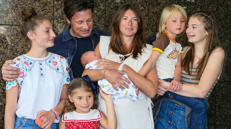 Oliver with his family after the birth of his fifth child in 2016. He calls himself ‘an exceptional under-11-year-old dad’ but only an ‘above average teenager dad.’ Photograph: GC Images