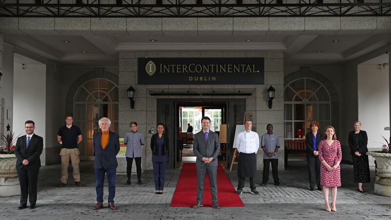 Pedro de Haro (left), assistant front office manager; Nick Sharkey, head gardener; Michael Walsh, head of security; Jordan Pontanes, accommodation assistant; Angelee Gunnoo, spa manager; Nicky Logue, general manager; Alberto Rossi, executive chef, Shadrack Mugri, accommodation assistant; Ann Ryan, accomodation manager; Ciara Hanley, director of sales and marketing and Lorraine Harmon, HR manager. Photograph: Nick Bradshaw/The Irish Times