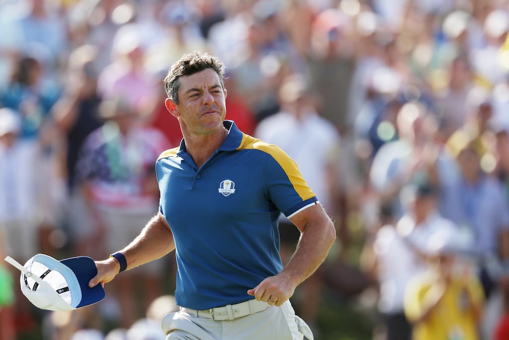 Rory McIlroy of Team Europe celebrates winning his match 3&1 on the 17th green during the Ryder Cup Sunday singles matches at Marco Simone Golf Club in Rome. Photograph: Patrick Smith/Getty Images