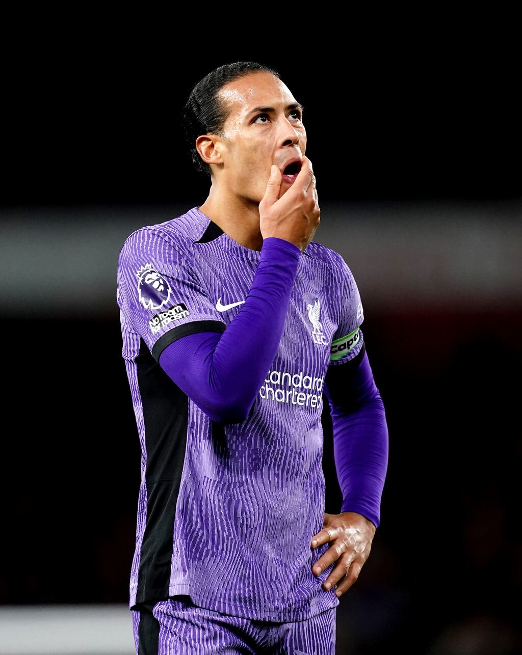 Virgil van Dijk looks dejected after the defeat to Arsenal at the Emirates Stadium. Photograph: John Walton/PA Wire