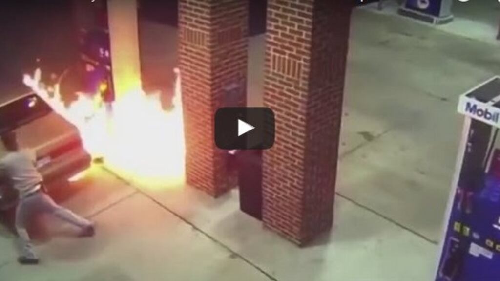 Footage from CCTV shows the fire starting at the petrol station in Michigan after the man’s attempt to scare away a spider.