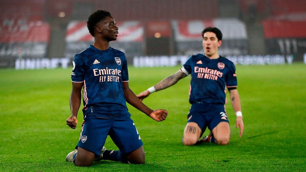 Bukayo Saka celebrates scoring Arsenal’s second against Southampton. Photograph: Frank Augstein/Getty/AFP