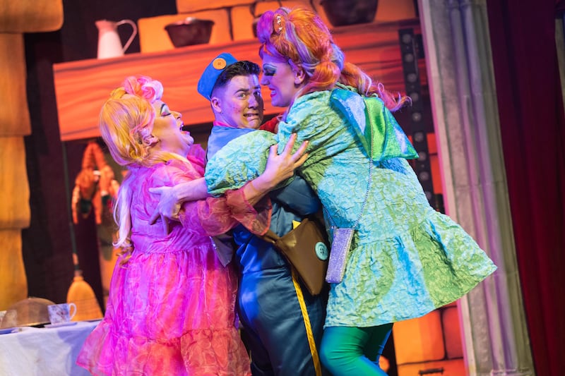 Graham McDermot as Kourtney, Andrew Lane as Buttons and Fionula Linehan as Kim performing a scene from the Everyman panto. Photograph: Darragh Kane