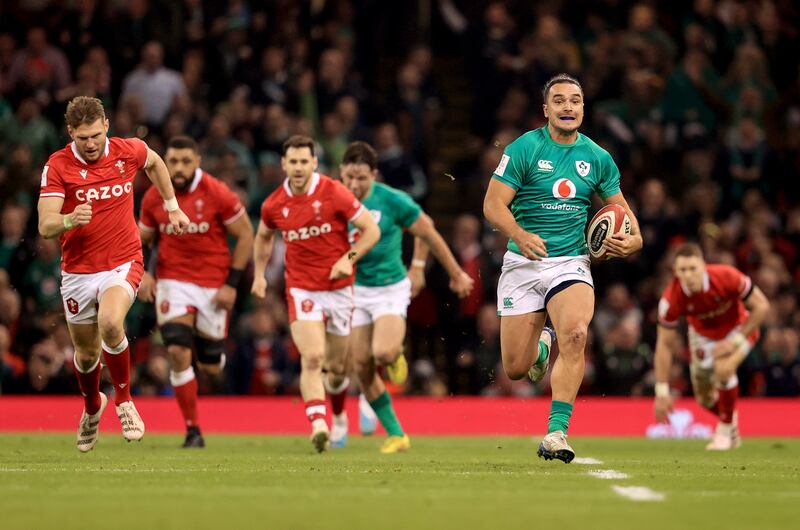 James Lowe intercepts the ball and breaks to score Ireland's third try: he made a positive impact every time he was centrally involved ... a superb effort given his lack of match minutes. Photograph: Dan Sheridan/Inpho