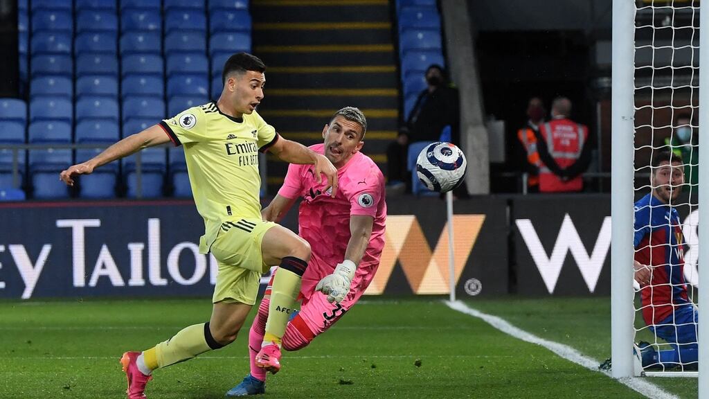 Arsenal’s Gabriel Martinelli scores their second goal during the Premier League win over Crystal Palace at Selhurst Park. Photo: Facundo Arrizabalaga/AFP via Getty Images
