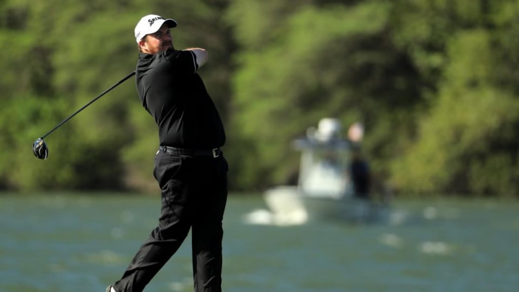 Ireland’s Shane Lowry tees off on the 14th hole during his match against Spain’s John Rahm at the WGC-Dell Technologies Match Play at the Austin Country Club in Austin, Texas. Photograph: Richard Heathcote/Getty Images