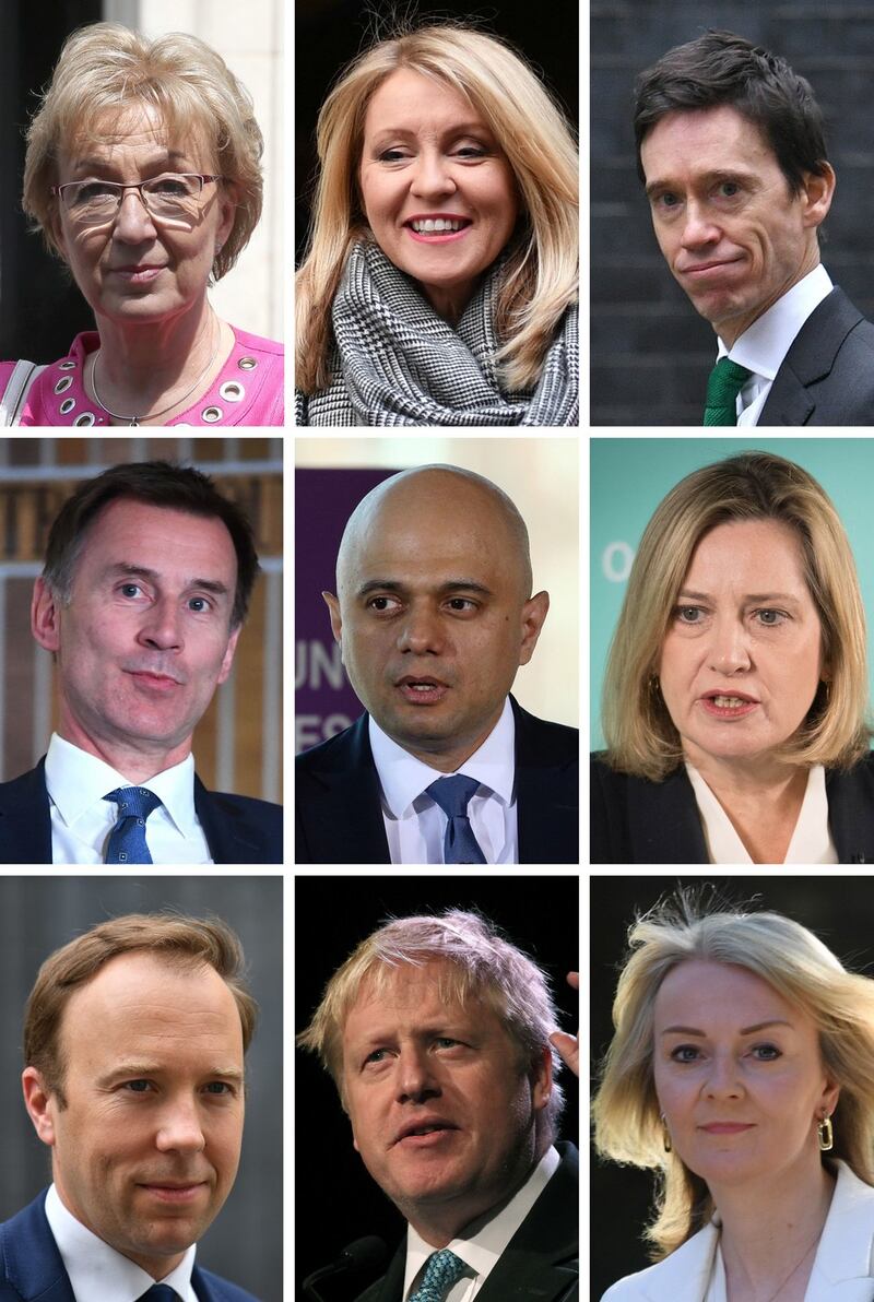 (Top row left to right) Andrea Leadsom, Esther McVey and Rory Stewart; (middle row) Jeremy Hunt, Sajid Javid and Amber Rudd; (bottom row left to right) Matt Hancock, Boris Johnson and Liz Truss – potential candidates in the Tory leadership race when Theresa May announces her resignation. Photograph: PA Wire