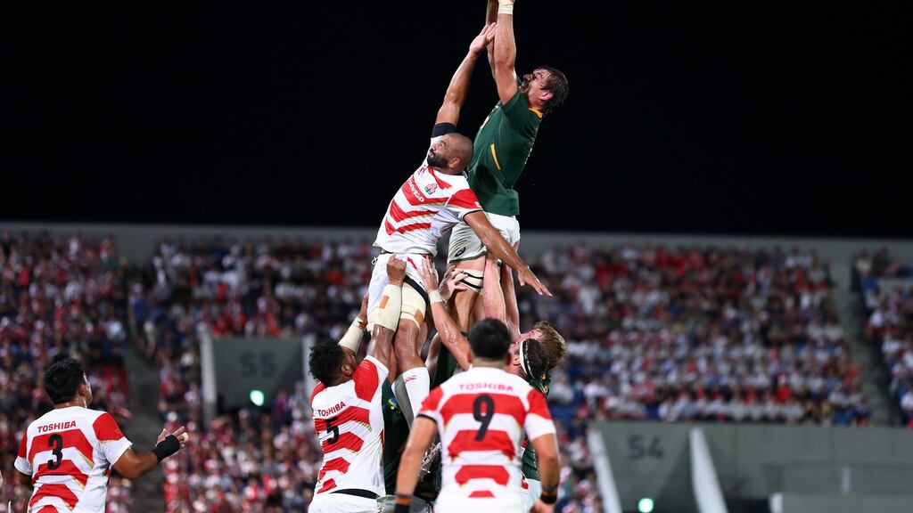 Japan’s Michael Leitch and South Africa’s Eben Etzebeth compete for the ball at a lineout during warm-up match at Kumagaya Rugby Stadium in September. Photograph: Matt Roberts/Getty Images