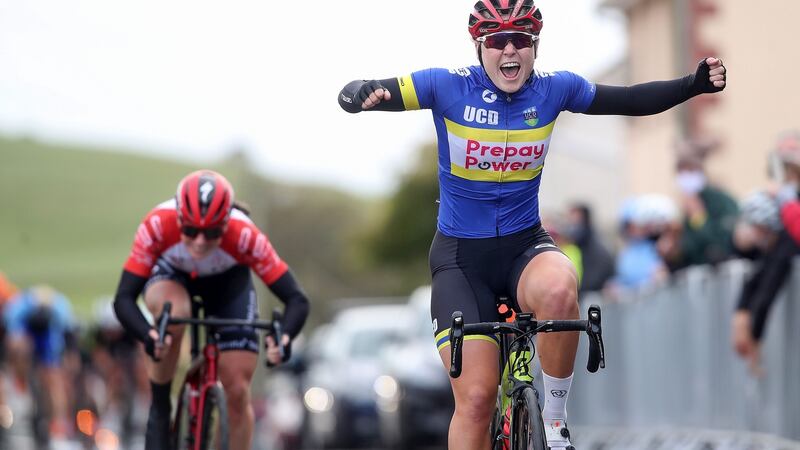 Lara Gillespie celebrates a victory. `Obviously I’d love to be on a World Tour team and see what being a professional road rider would be like. A UCI team would be a great opportunity too but everything has to fit into the track programme because Paris 2024 is the real priority.' Photograph: Bryan Keane/Inpho