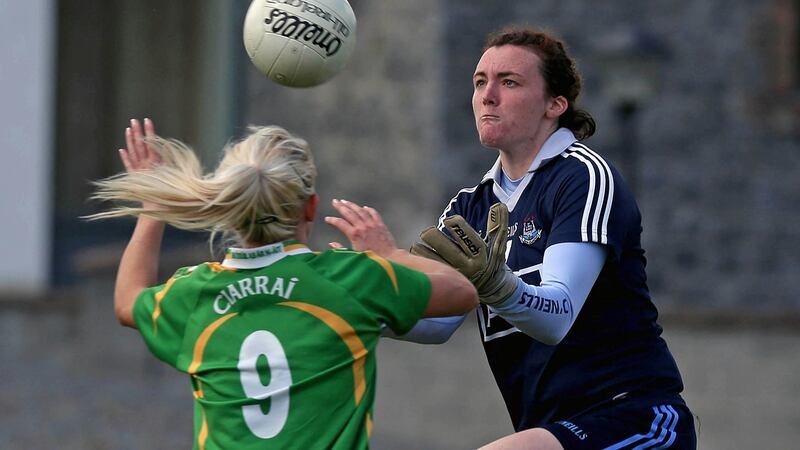 Dublin goalkeeper Cliodna O’Connor with Kerry’s Bernie Breen in the All-Ireland Senior Championship quarter-final in Birr, Co Offaly in August 2014. Photograph: Donall Farmer/Inpho