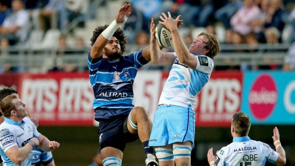 Glasgow’s Jonny Gray wins the battle for possession with Montpellier’s Sitaleki Timani during the European Rugby Champions match at Altrad Stadium. Photograph: James Crombie/Inpho