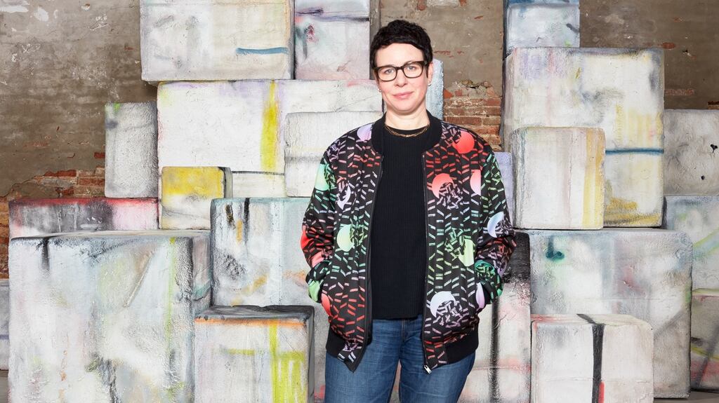 Eva Rothschild with Amphi, 2019, resin, fibreglass, wood, spray paint. Dimensions variable. Photograph: Robert Glowacki