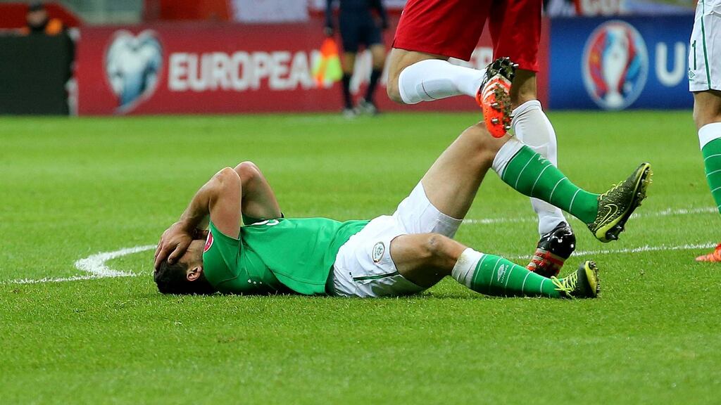 Shane Long is yet to return to fitness after the injury he sustained during Ireland’s loss to Poland in Warsaw. Photogrpah: Inpho
