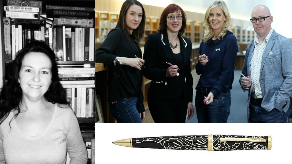 Madeleine Grace, left, was chosen as the winner of the Cross Pens/Writing.ie Make Your Mark short story competition by judges Alex Barclay, Sinead Moriarty and John Boyne, pictured with Writing.ie’s Vanessa Fox O’Loughlin. Photograph: Jason Clarke