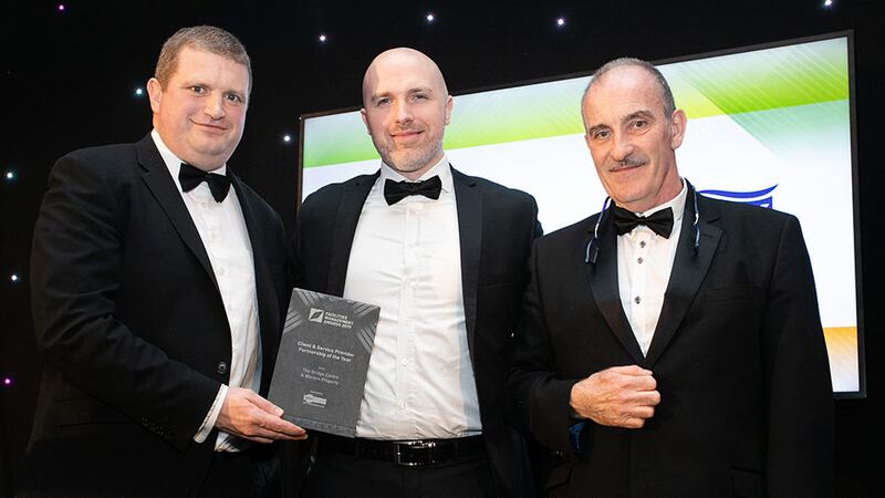 Derek O’Boyle, General Manager, MKF presents the Client & Service Provider Partnership of the Year award to Ian Hutchinson & Joe Gormley, Winters Property.