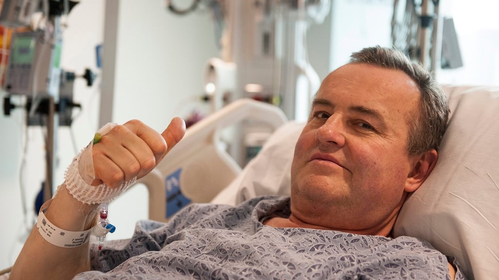 Thomas Manning gives a thumbs up from his hospital bed in Boston, Massachusetts, US. Photograph: Massachusetts General Hospital/Sam Riley/EPA